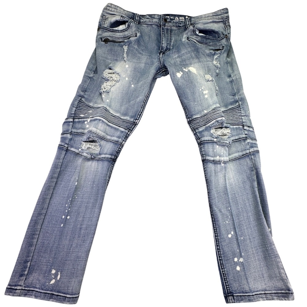 Kilogram Jeans Men's Size 40 Light Wash Distressed Paint‎ Splatter Moto